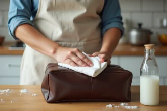 Femme nettoyant un sac en cuir moisi avec un chiffon imbibé de vinaigre blanc sur une table en bois