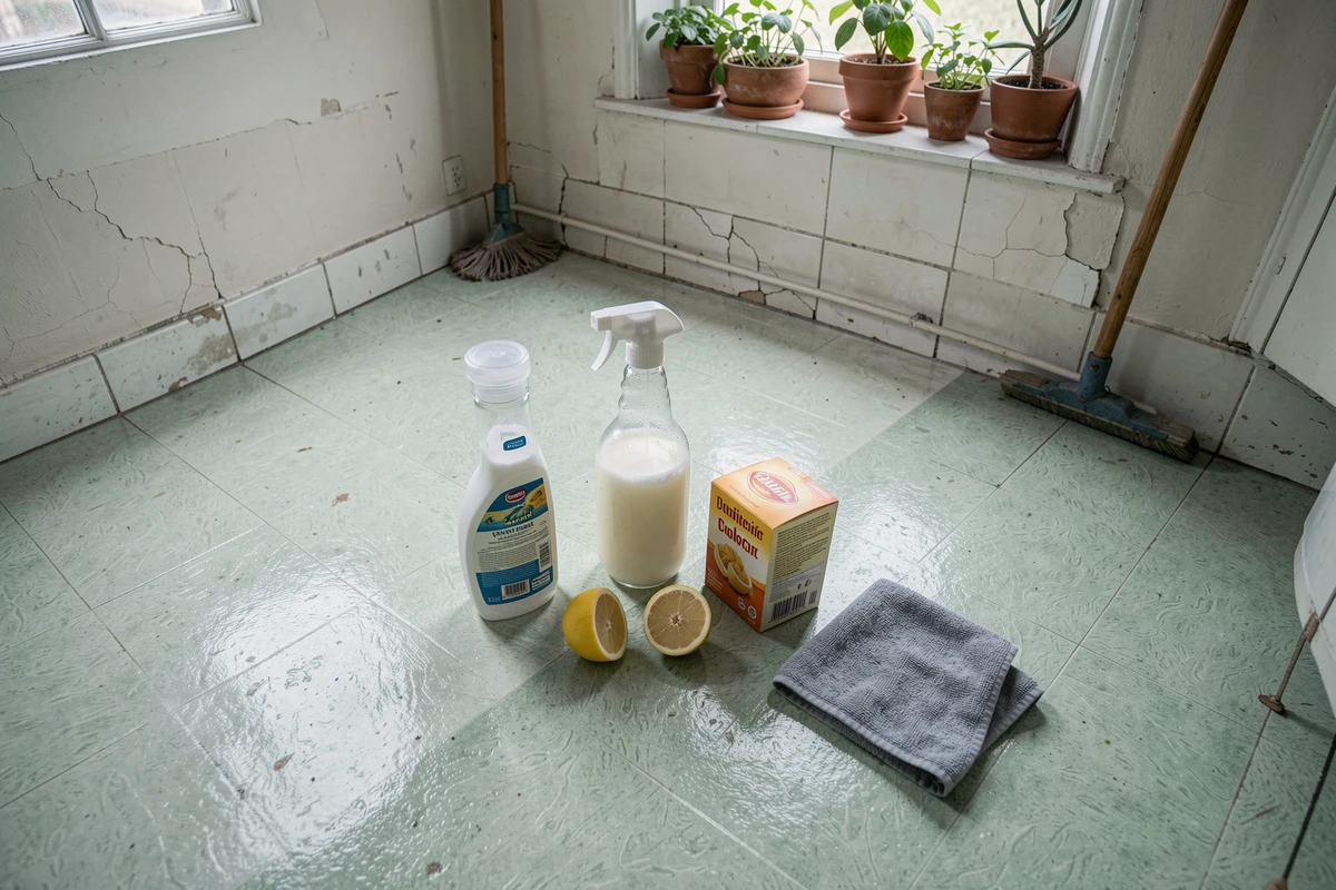 Vue grand angle d'un lino vert pâle à moitié nettoyé avec des ingrédients naturels maison posés au sol dans une cuisine de campagne française