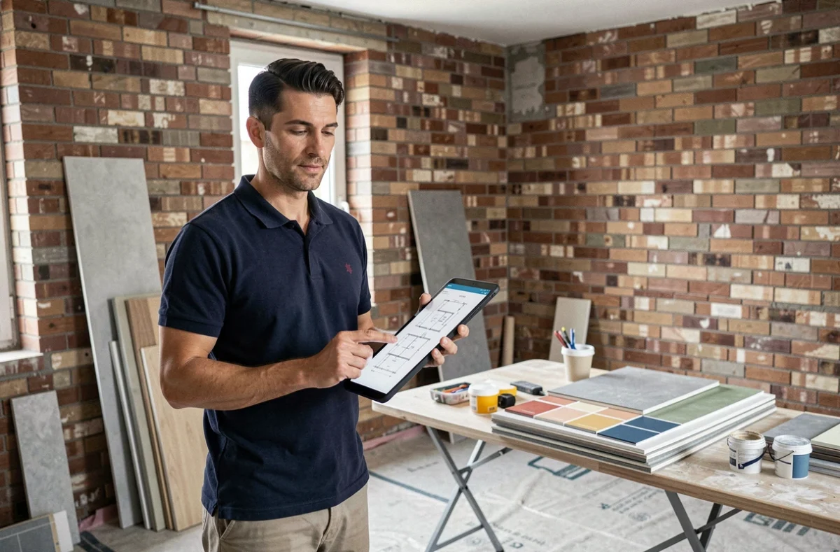 Chef de projet Nodalreno supervisant une rénovation dans le Bas-Rhin avec tablette de plans et échantillons de matériaux