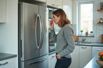 Femme inquiète qui sent une odeur suspecte provenant de son réfrigérateur ouvert dans une cuisine moderne