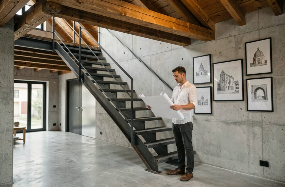 Espace de vie à double hauteur avec escalier en acier et poutres apparentes réalisé par OH! Architecture dans le Bas-Rhin