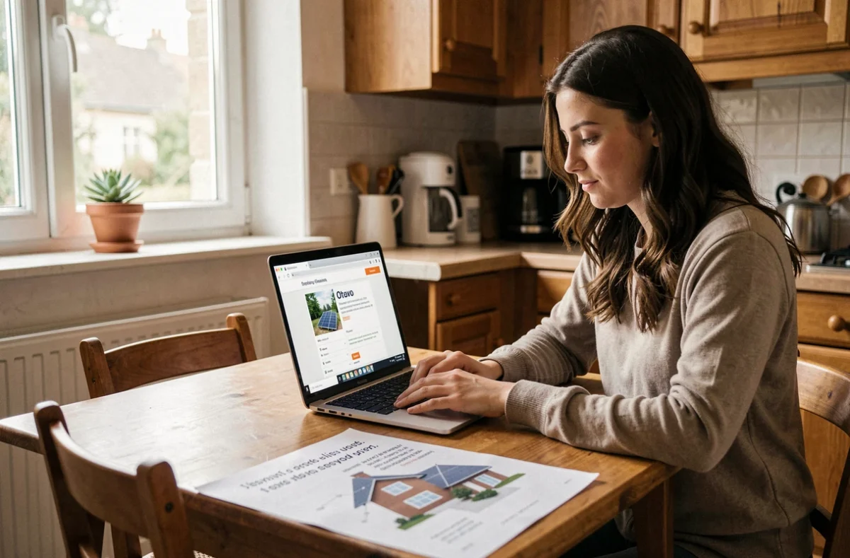 Femme consultant la plateforme Otovo pour une installation solaire depuis son domicile en Seine-Saint-Denis