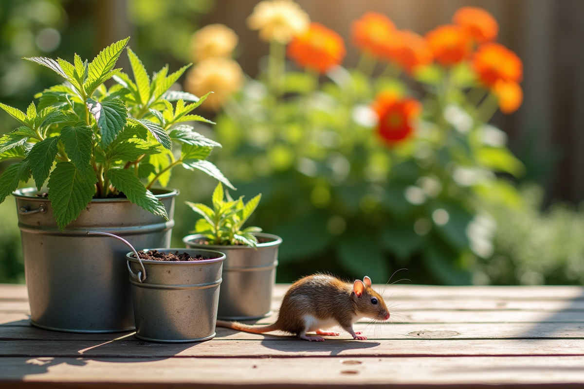 Outils de jardin et répulsifs naturels contre les rats sur une table ensoleillée