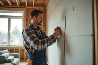 Constructeur en train d'installer des panneaux de platre dans un salon