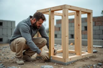 Ouvrier mesurant un cadre cubique en bois sur un chantier de construction pour calculer un mètre cube