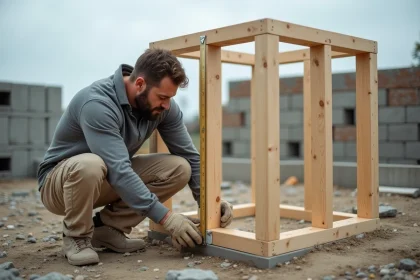 Ouvrier mesurant un cadre cubique en bois sur un chantier de construction pour calculer un mètre cube
