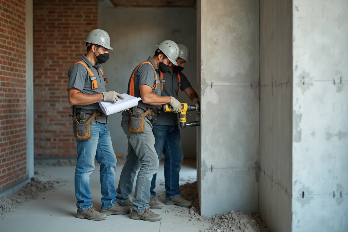 Ouvriers de chantier effectuant des percements dans un mur de refend porteur avec contrôle des zones structurelles marquées à la craie