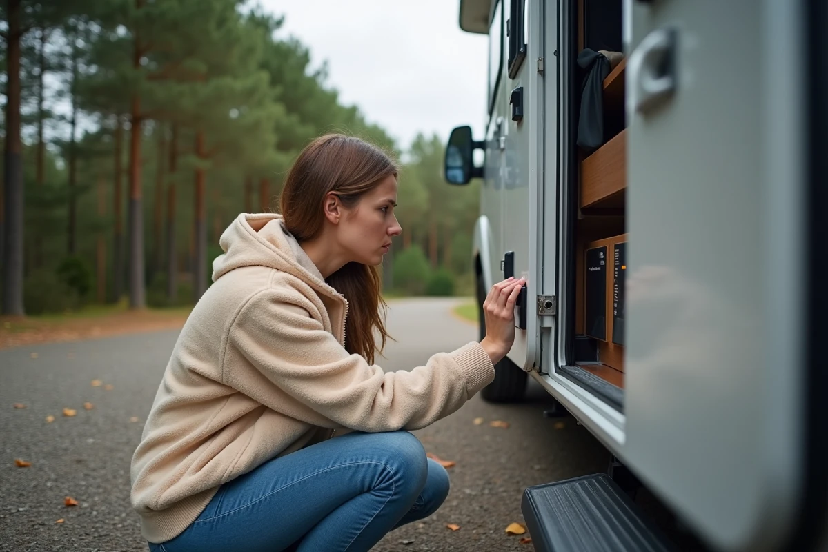 Femme campeur face au panneau de contrôle Truma Combi 4 affichant un code d'erreur sur un camping en forêt
