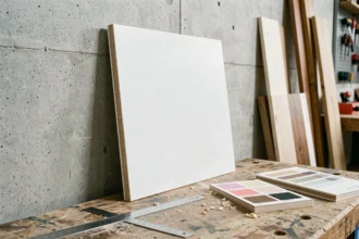 Panneau mélaminé blanc appuyé contre un mur en béton dans un atelier de menuiserie, avec tranche visible révélant l'épaisseur et la densité du panneau