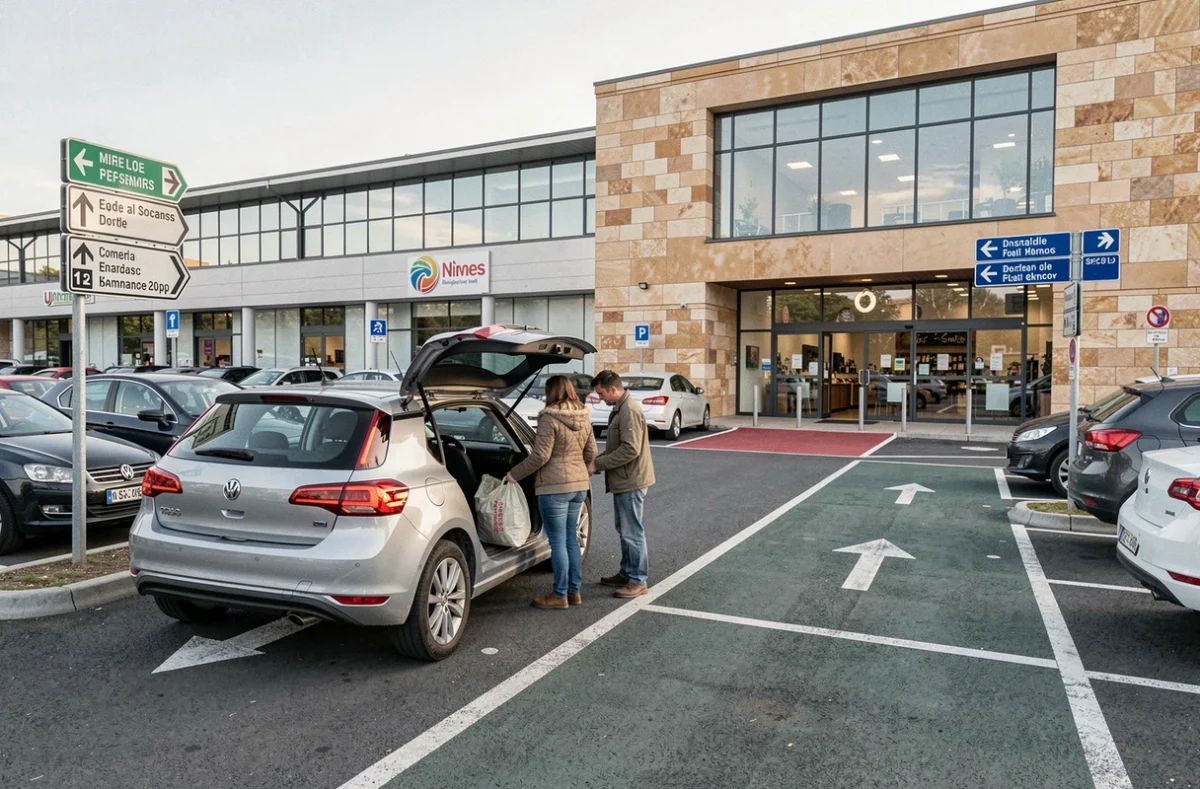 Parking accessible près d'un centre commercial à Nîmes avec signalétique claire et accès pratique pour les clients