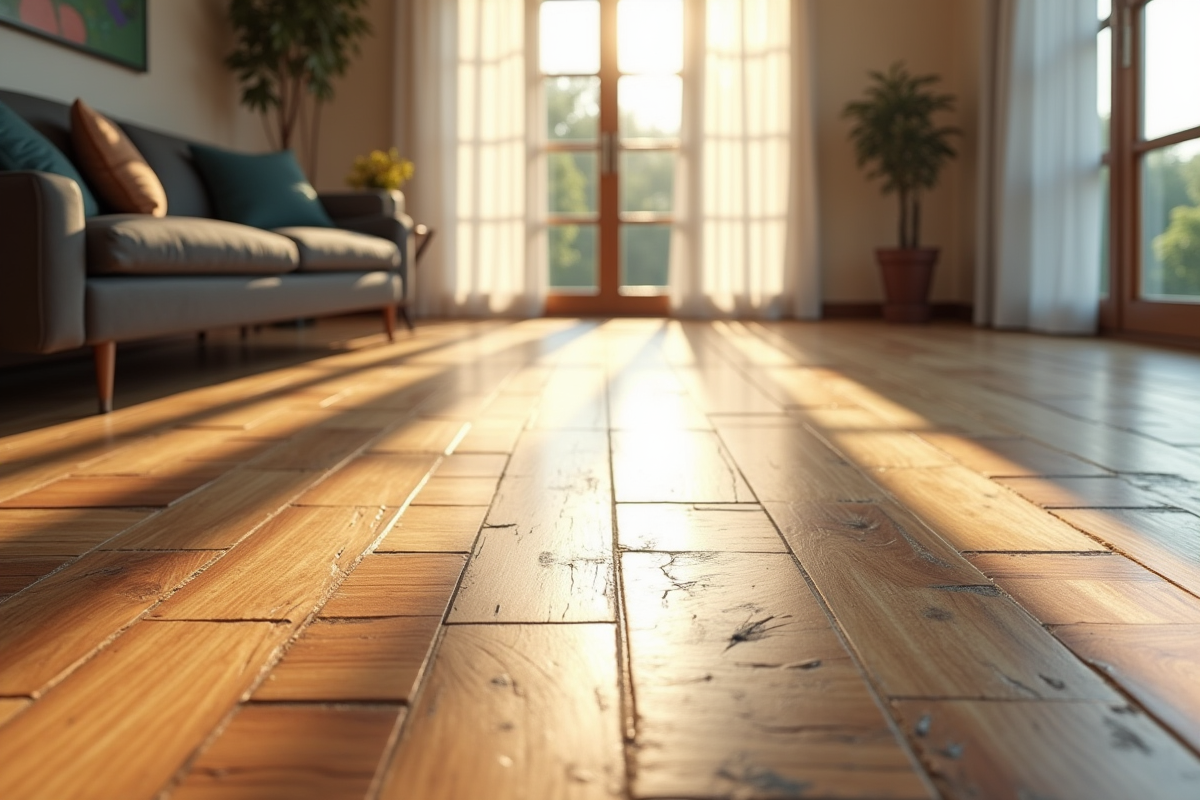 Salon moderne avec parquet en bon état et usé côte à côte