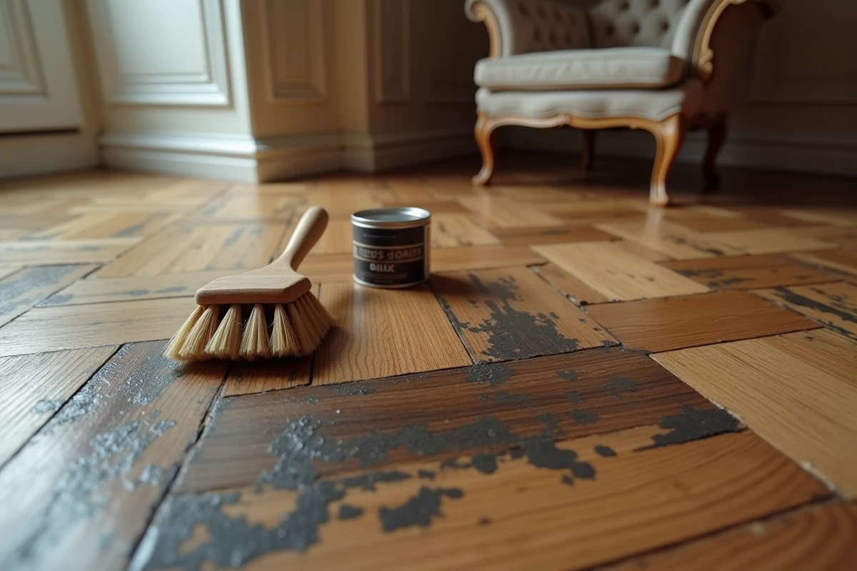 Parquet en chêne noirci avec produits de restauration du bois posés sur le sol d'un salon classique