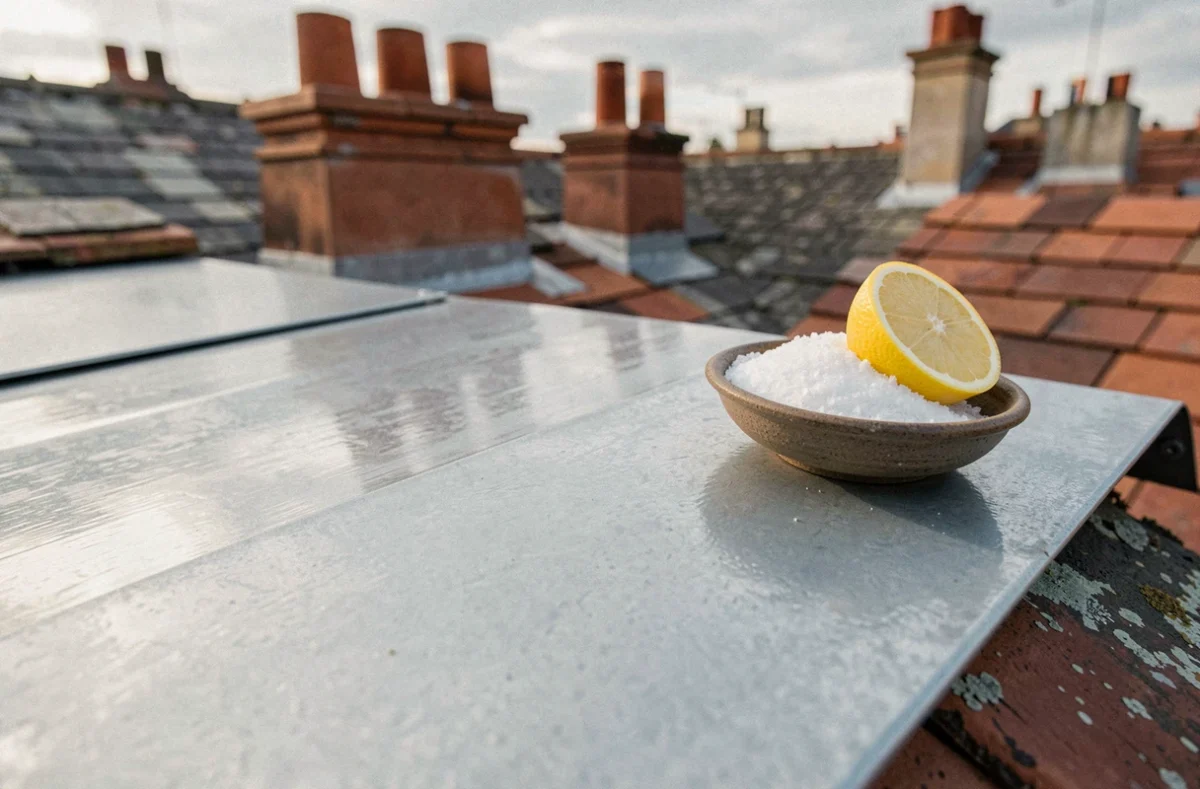 Gros plan sur une plaque de zinc en cours de patination naturelle avec du sel et du citron sur une toiture européenne