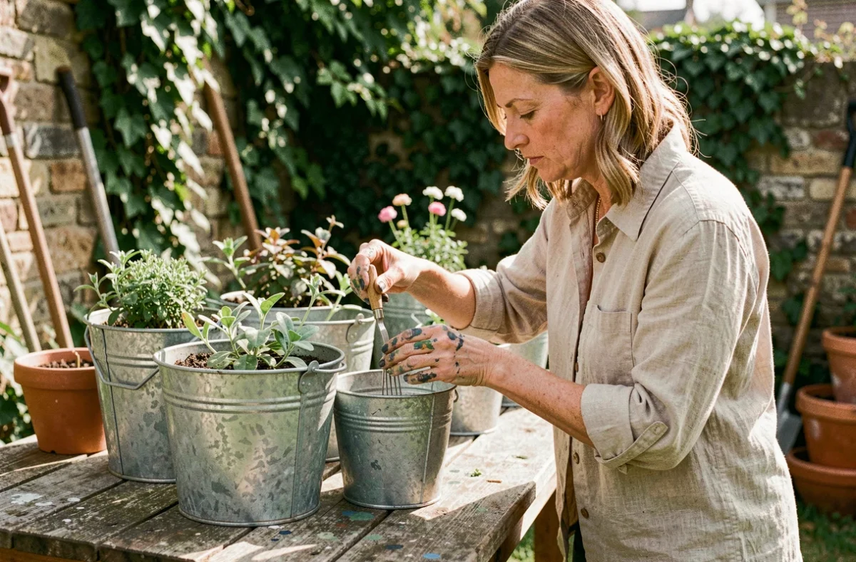 Femme appliquant une solution naturelle au vinaigre pour patiner des jardinières en zinc dans un jardin rustique