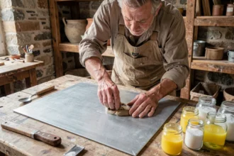 Artisan appliquant une solution naturelle à base de vinaigre et citron pour patiner une feuille de zinc sur un établi en bois