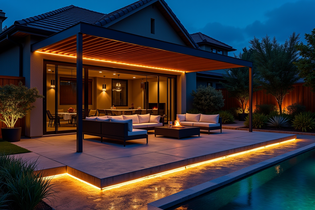 Patio contemporain avec éclairage LED et mobilier extérieur la nuit