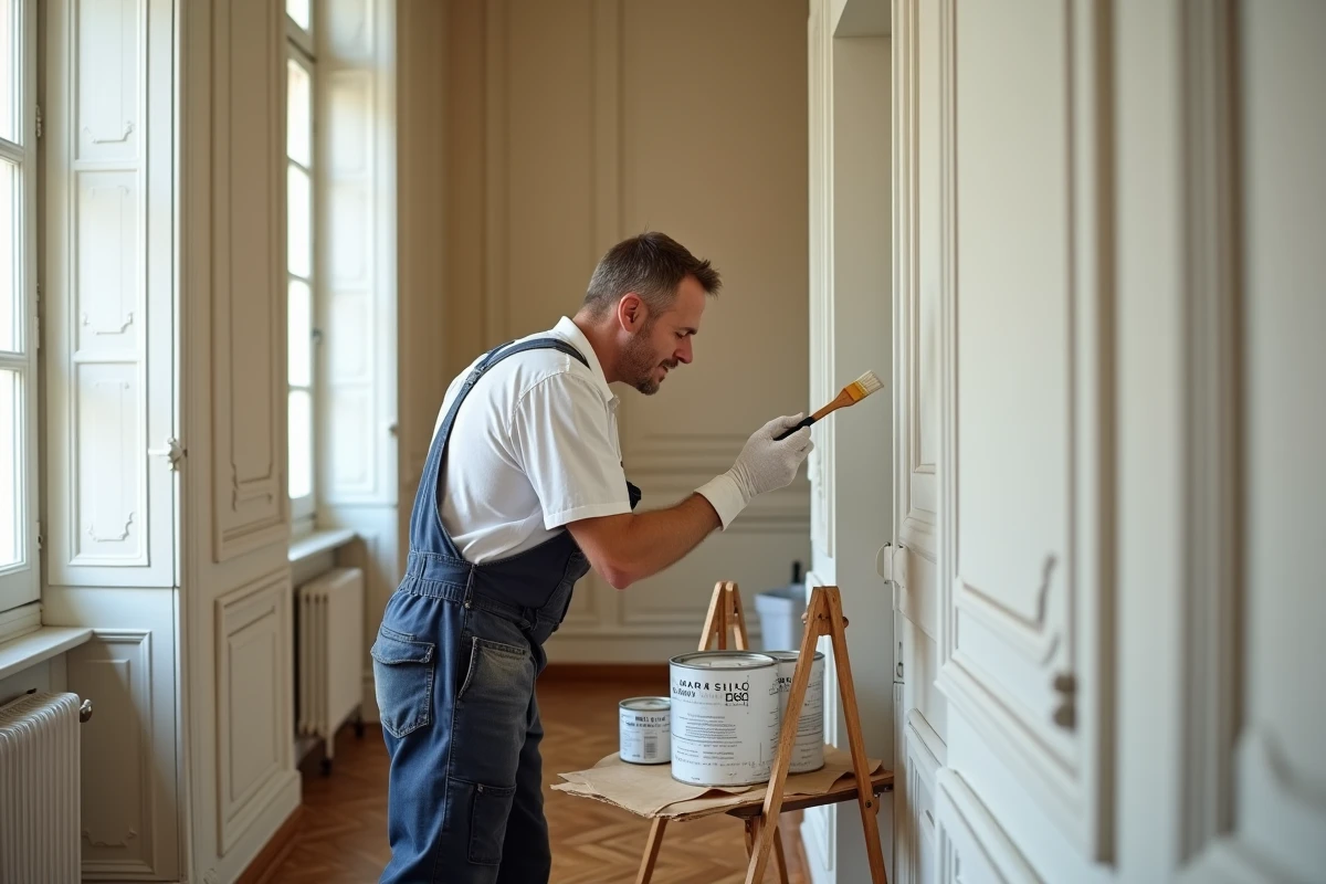 Artisan peintre appliquant de la peinture laquée blanche sur des boiseries et des volets intérieurs dans un appartement haussmannien avec parquet en point de Hongrie