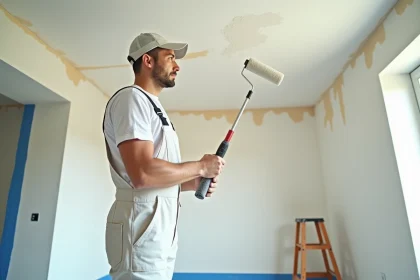 Peintre professionnel appliquant de la peinture blanche sur un plafond intérieur avec un rouleau à long manche dans un appartement en rénovation