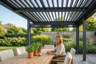 Pergola bioclimatique moderne avec lames orientables en aluminium dans un jardin résidentiel, femme attablée dans un espace convivial en bois