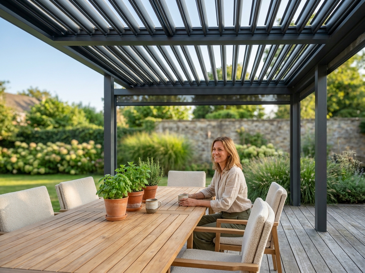 Pergola bioclimatique moderne avec lames orientables en aluminium dans un jardin résidentiel, femme attablée dans un espace convivial en bois
