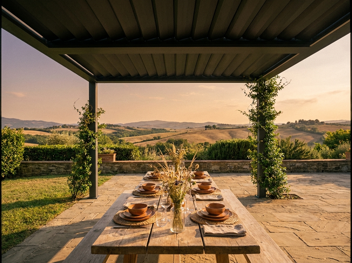 Pergola bioclimatique autoportante sur terrasse en pierre avec grande table dressée pour un repas convivial et vue sur la campagne