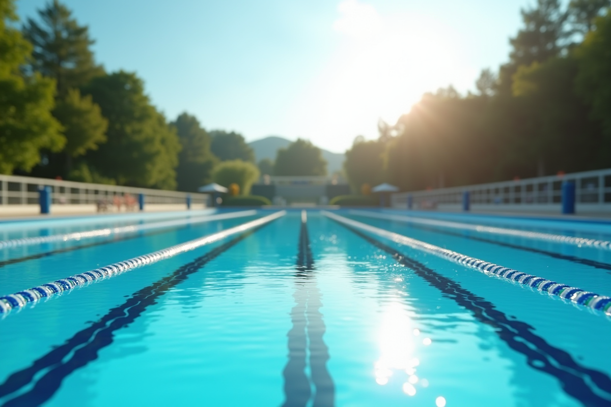 Piscine olympique extérieure vue depuis les starting blocks avec ciel bleu