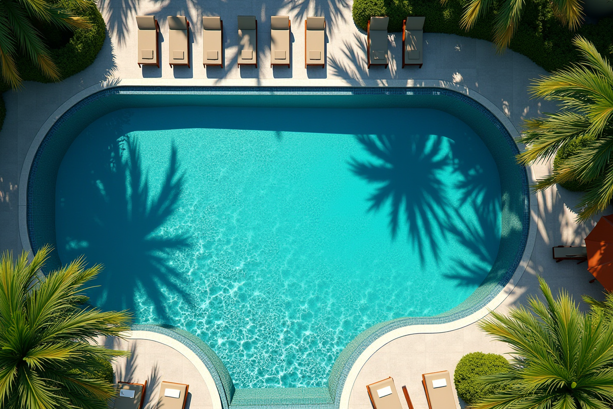 Piscine de resort turquoise avec transats et palmiers
