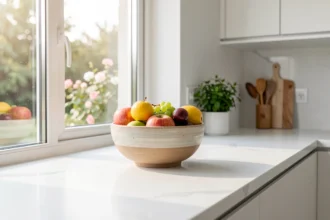 Plan de travail de cuisine avec une coupe de fruits mûrs