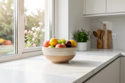 Plan de travail de cuisine avec une coupe de fruits mûrs