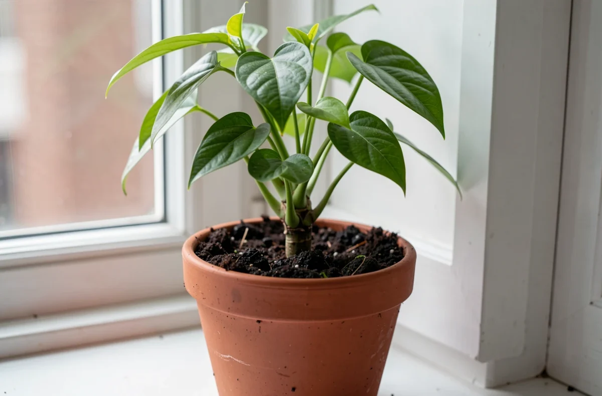 Plante d'intérieur en pot avec terreau humide sur un rebord de fenêtre