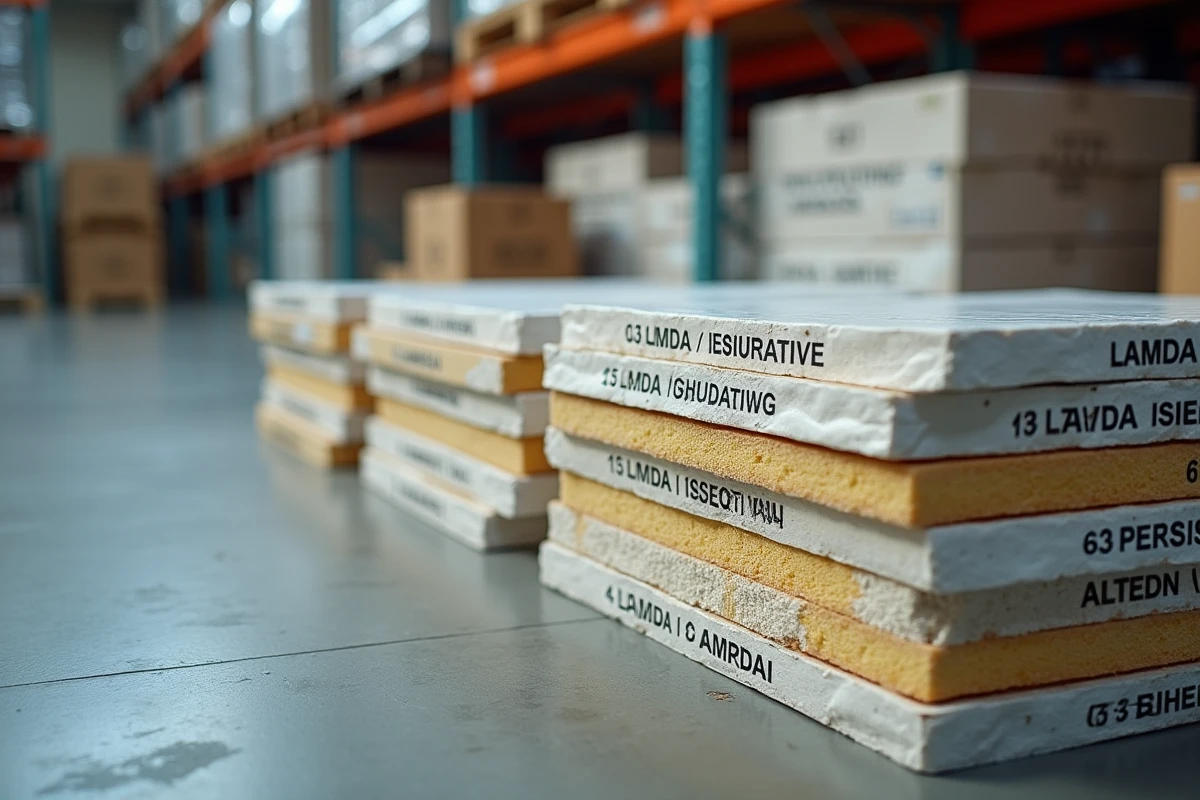 Plaques d'isolation thermique empilées en magasin avec étiquettes techniques visibles incluant valeurs lambda et épaisseurs