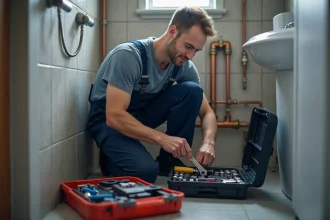 Plombier homme en tenue dans un bain moderne avec outils