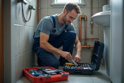 Plombier homme en tenue dans un bain moderne avec outils
