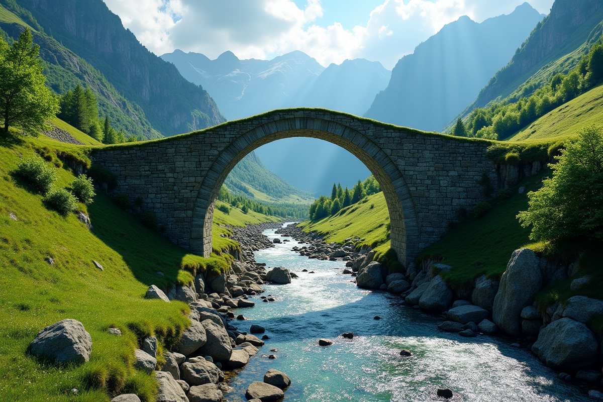 Ancien pont en pierre dans une vallée verte ensoleillée