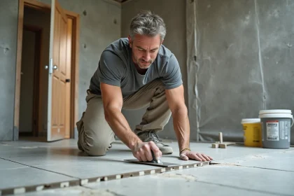 Carreleur professionnel posant du carrelage grand format dans un appartement en rénovation