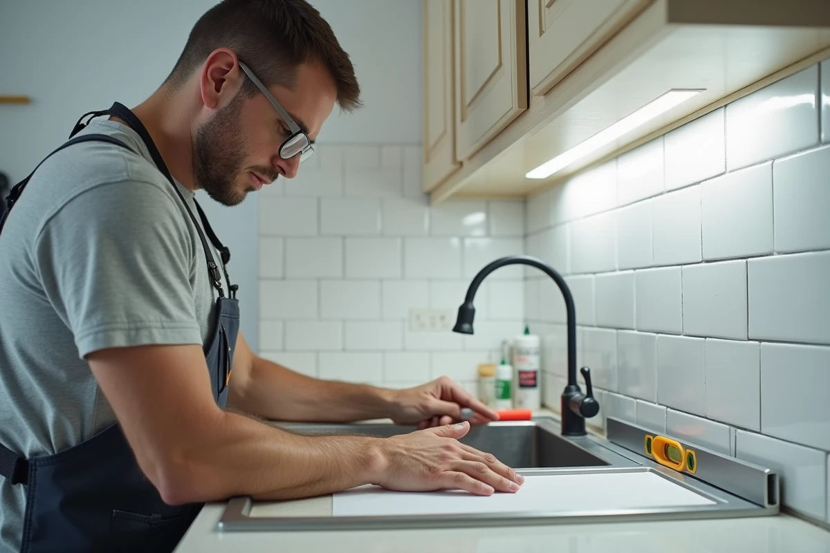 Installateur posant une cornière en aluminium sur une crédence carrelée au-dessus d'un évier inox dans une cuisine