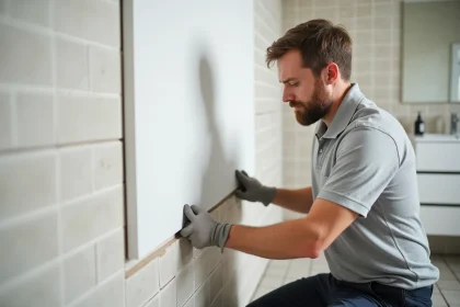 Installateur posant une plaque PVC adhésive sur le mur carrelé d'une salle de bain lors d'une rénovation