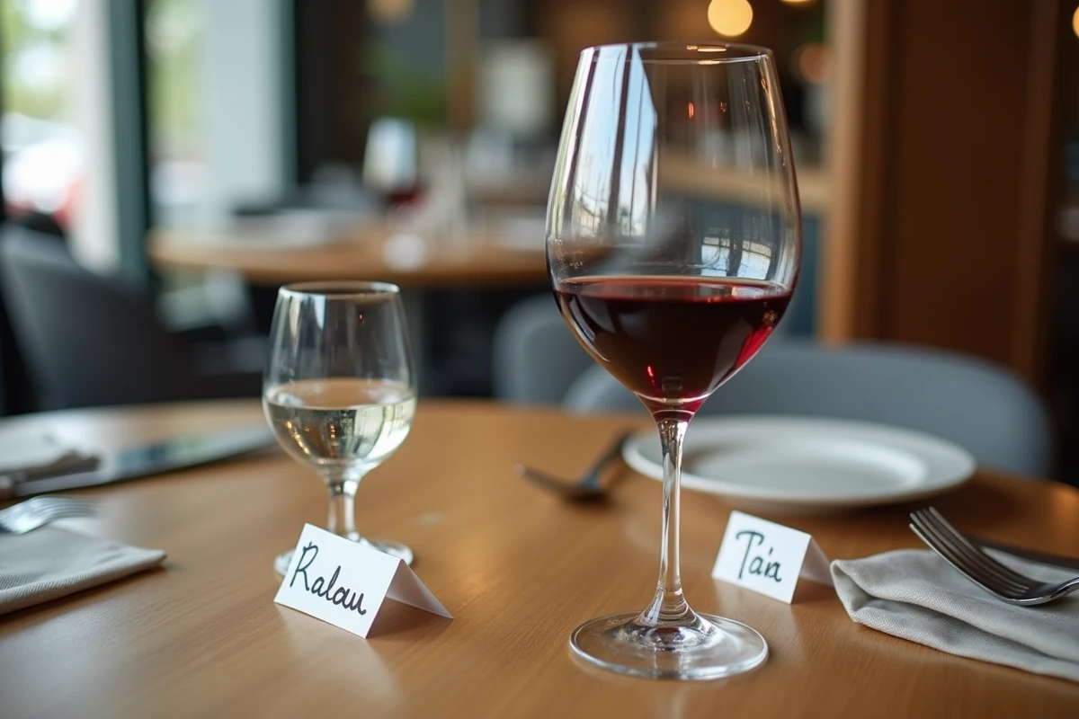 Gros plan sur un couvert de restaurant montrant la position précise de chaque verre avec des étiquettes explicatives