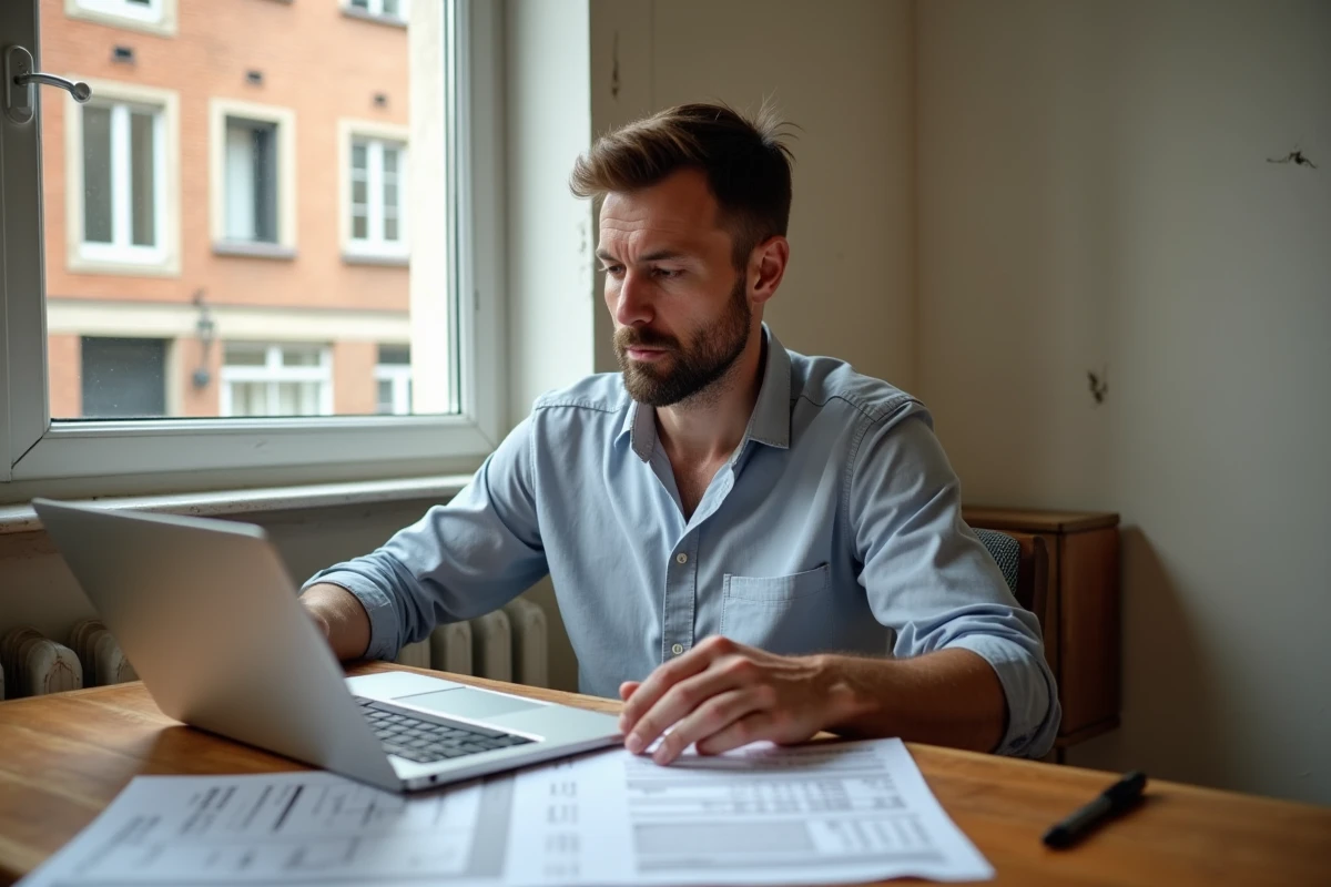 Propriétaire belge consultant un devis de rénovation sur ordinateur portable dans un appartement à Bruxelles