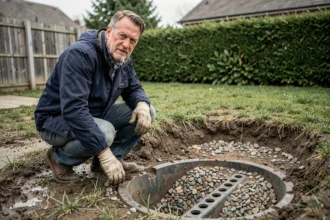 Propriétaire inspectant un puisard eaux pluviales ouvert dans son jardin