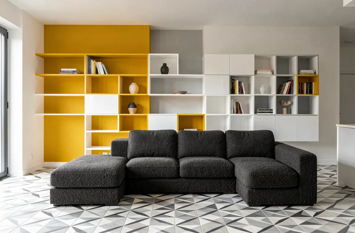 Salon minimaliste avec accent jaune RAL et canapé en bouclé charbon conçu par RAL 1023 Architecture à Schiltigheim
