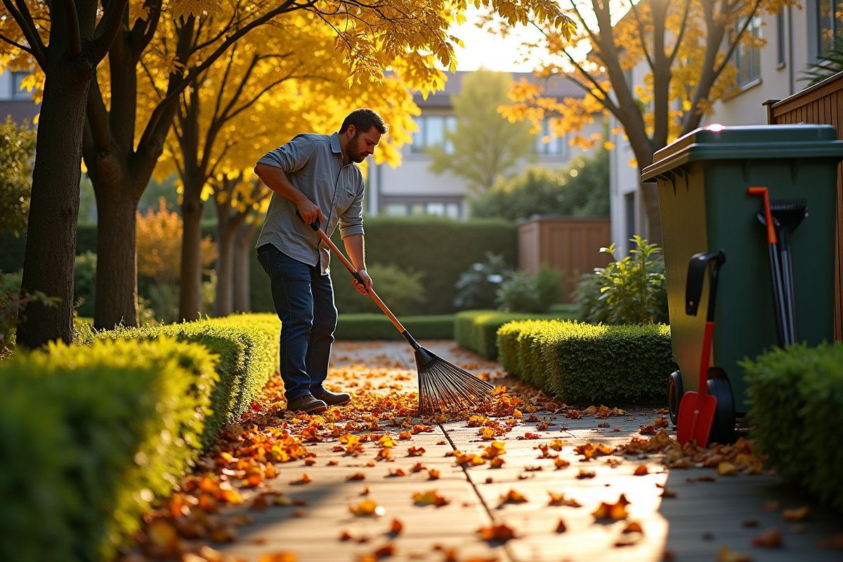 Personne ramassant des feuilles dans un jardin urbain moderne
