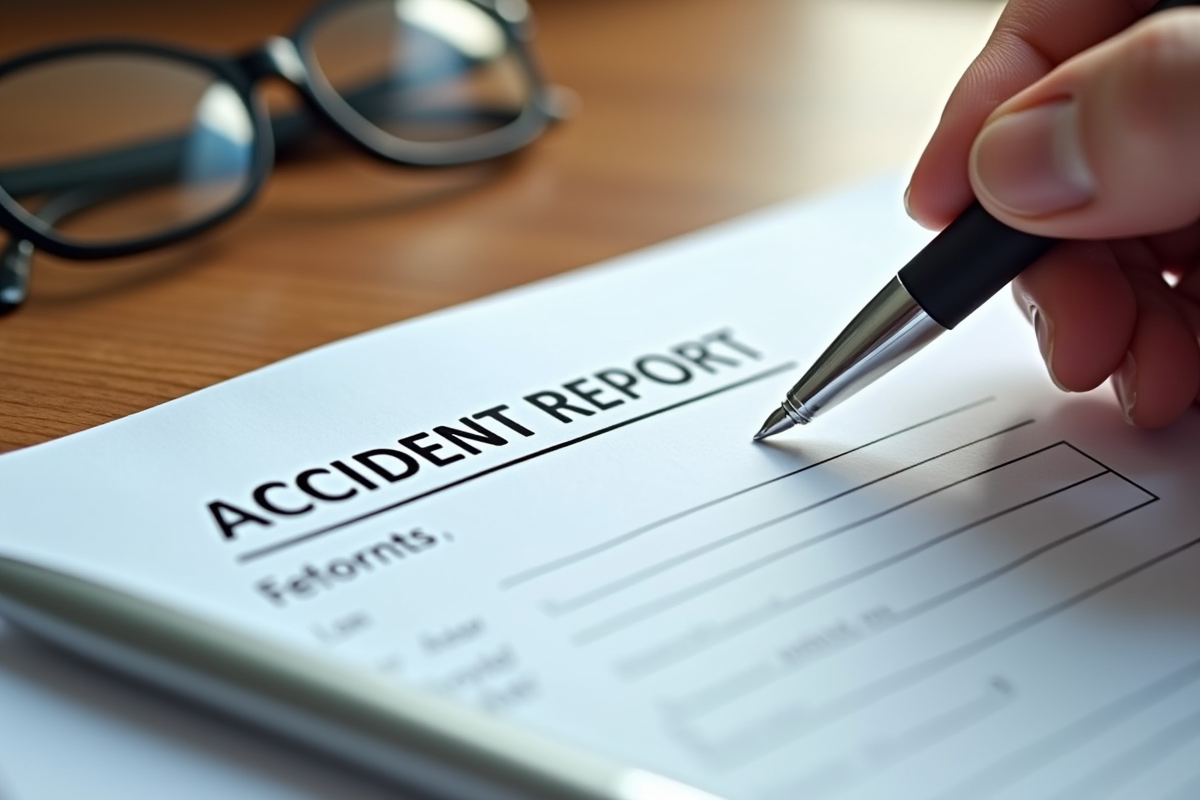 Main posant un formulaire de rapport d accident sur un bureau