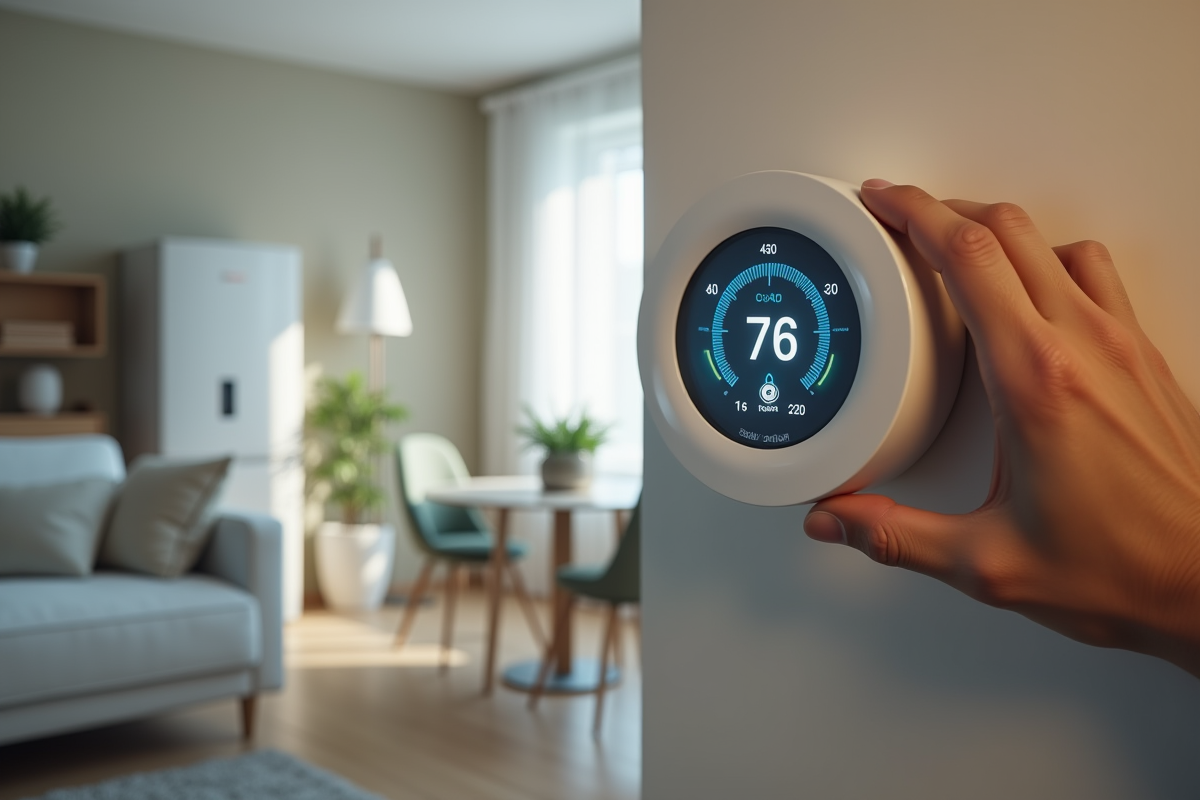 Main ajustant un thermostat intelligent dans un salon lumineux