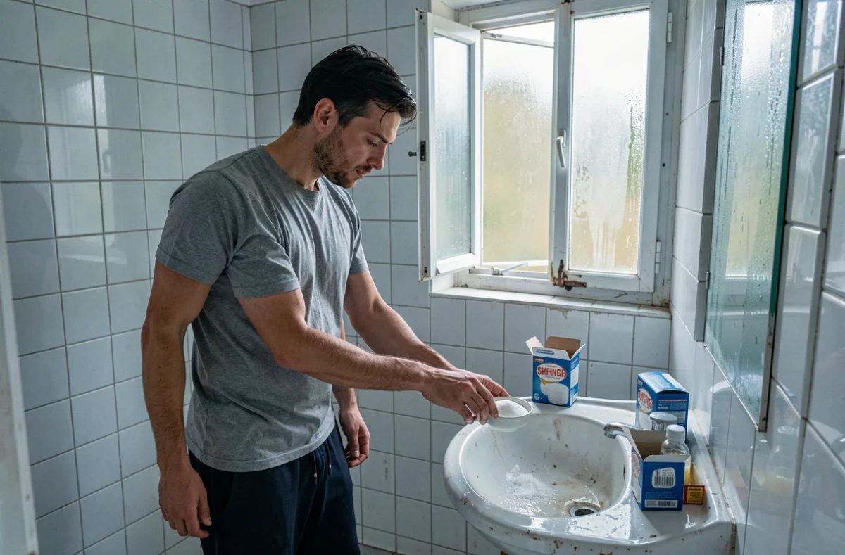 Locataire plaçant du bicarbonate et du sel absorbant dans une salle de bain humide pour éliminer les mauvaises odeurs