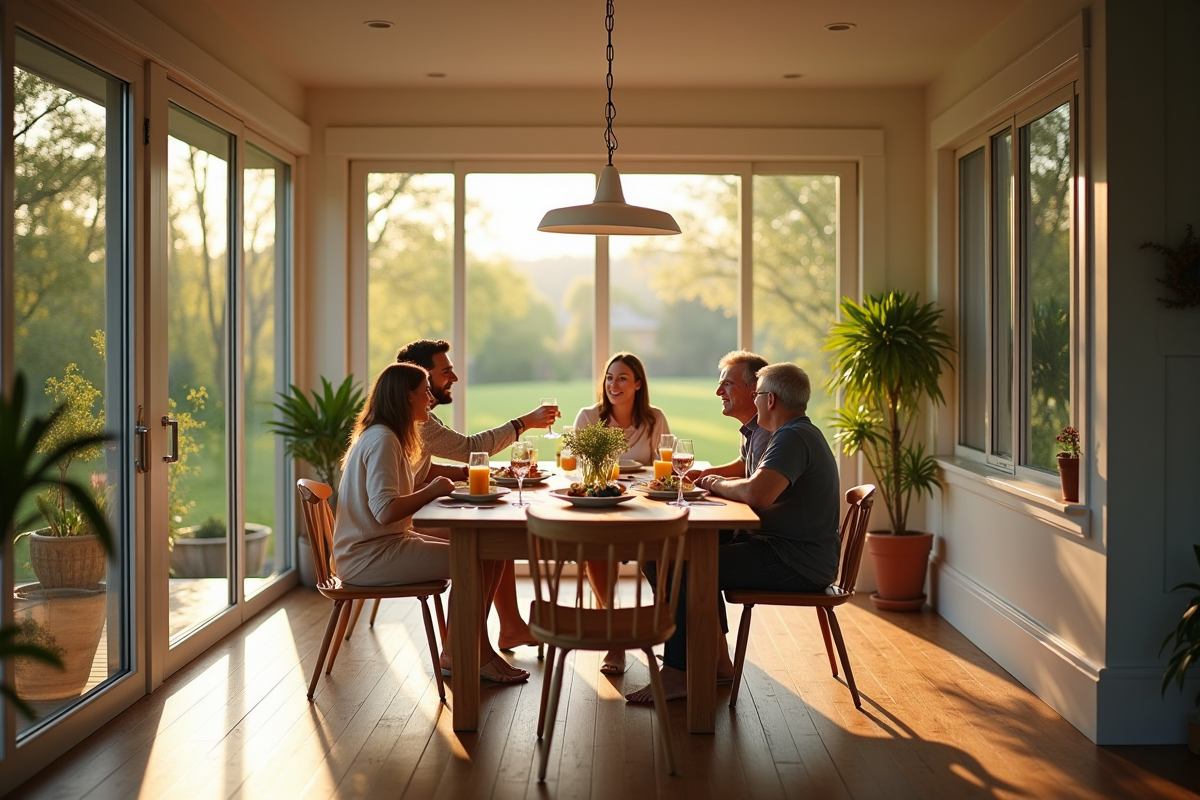 Famille dégustant un repas dans une véranda lumineuse