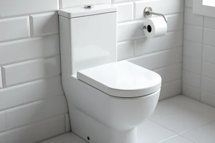 Réservoir de chasse d'eau wc encastré en céramique blanche avec bouton double touche chromé dans une salle de bain moderne