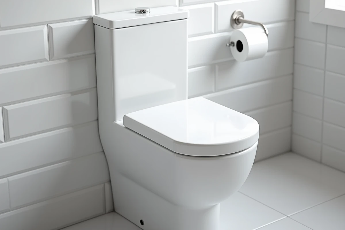 Réservoir de chasse d'eau wc encastré en céramique blanche avec bouton double touche chromé dans une salle de bain moderne