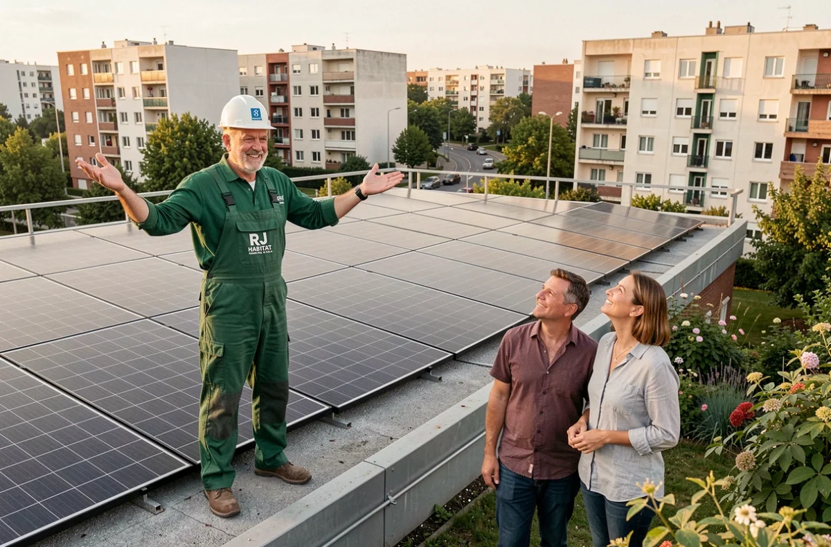 Artisan RJ Habitat Romainville présentant une installation solaire achevée à des propriétaires à Romainville