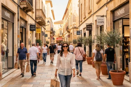 Rue commerçante animée de Nîmes avec des commerces locaux et des passants, idéale pour découvrir les magasins en ville